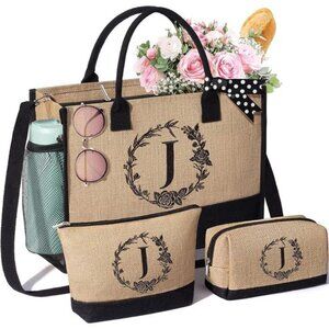 Personalized Gifts for Women Tote Bag, Initial Jute Tote Bag & Makeup Bags J
